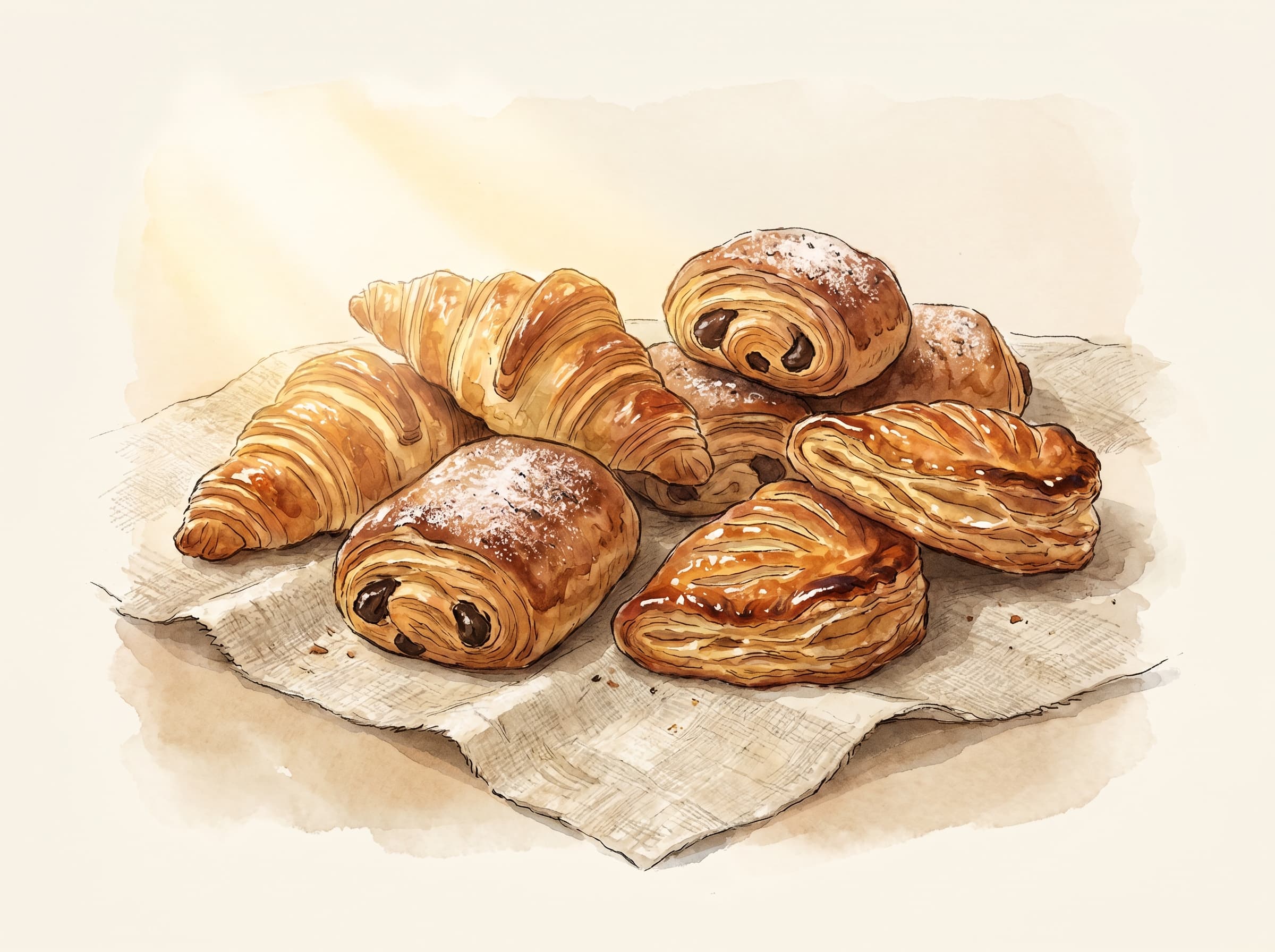 Croissants, pains au chocolat et chaussons aux pommes sur un torchon en lin
